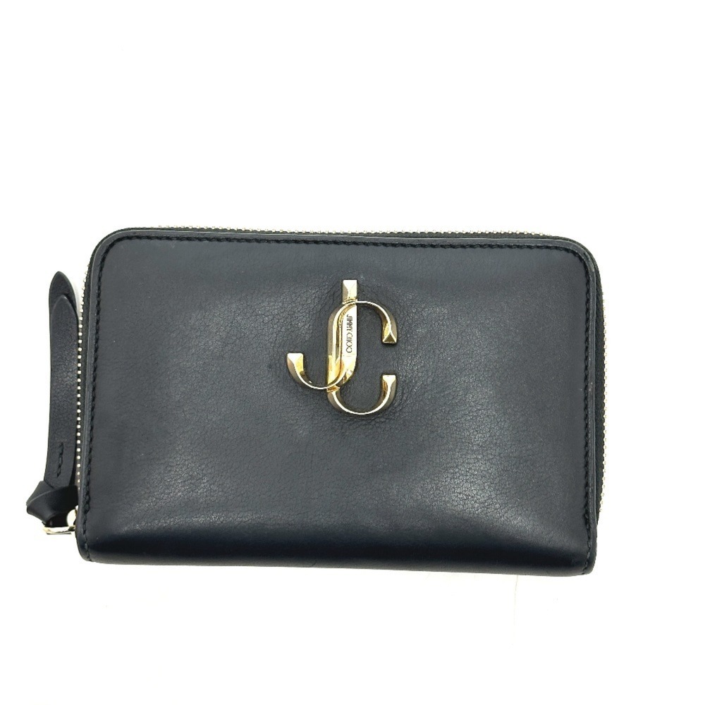JIMMY CHOO Logo Round Zip Wallet, Coin Purse, Bi-fold Leather, Women's, Black